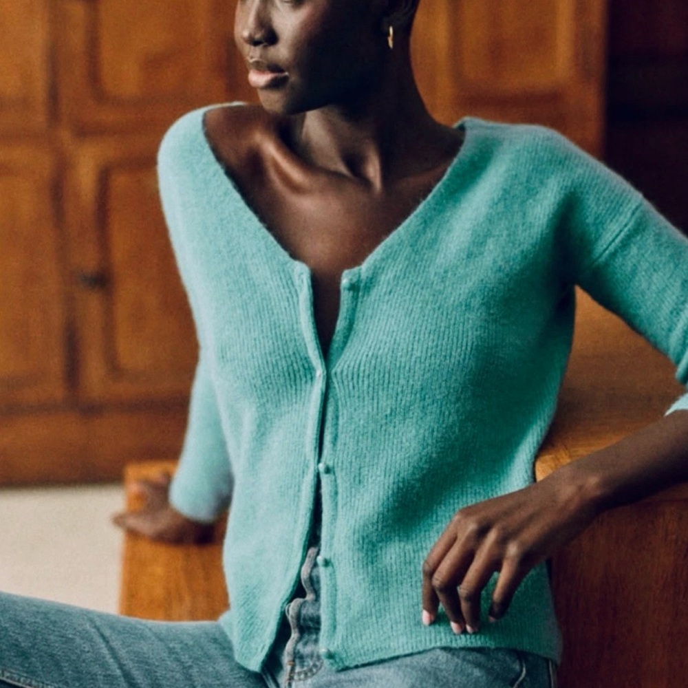 Sézane Turquoise Barry Light Sage Teal Cardigan